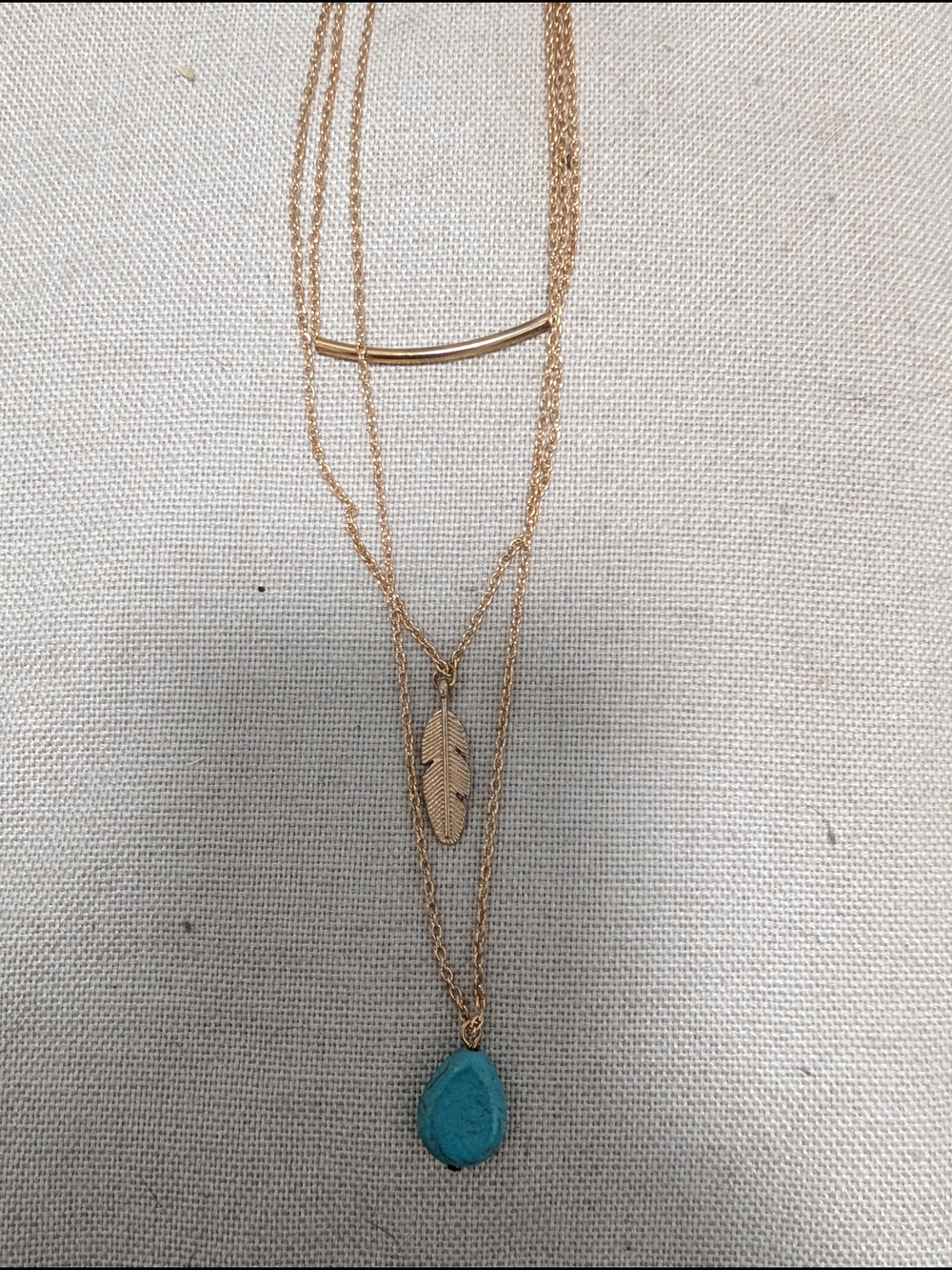 Gold Multilayer Necklace with Turquoise Stone and Feather Pendant
